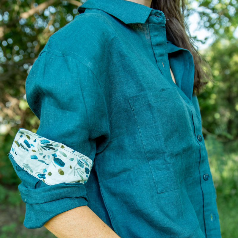 Midnight Bloom Organic Linen Shirt with Printed Cuff